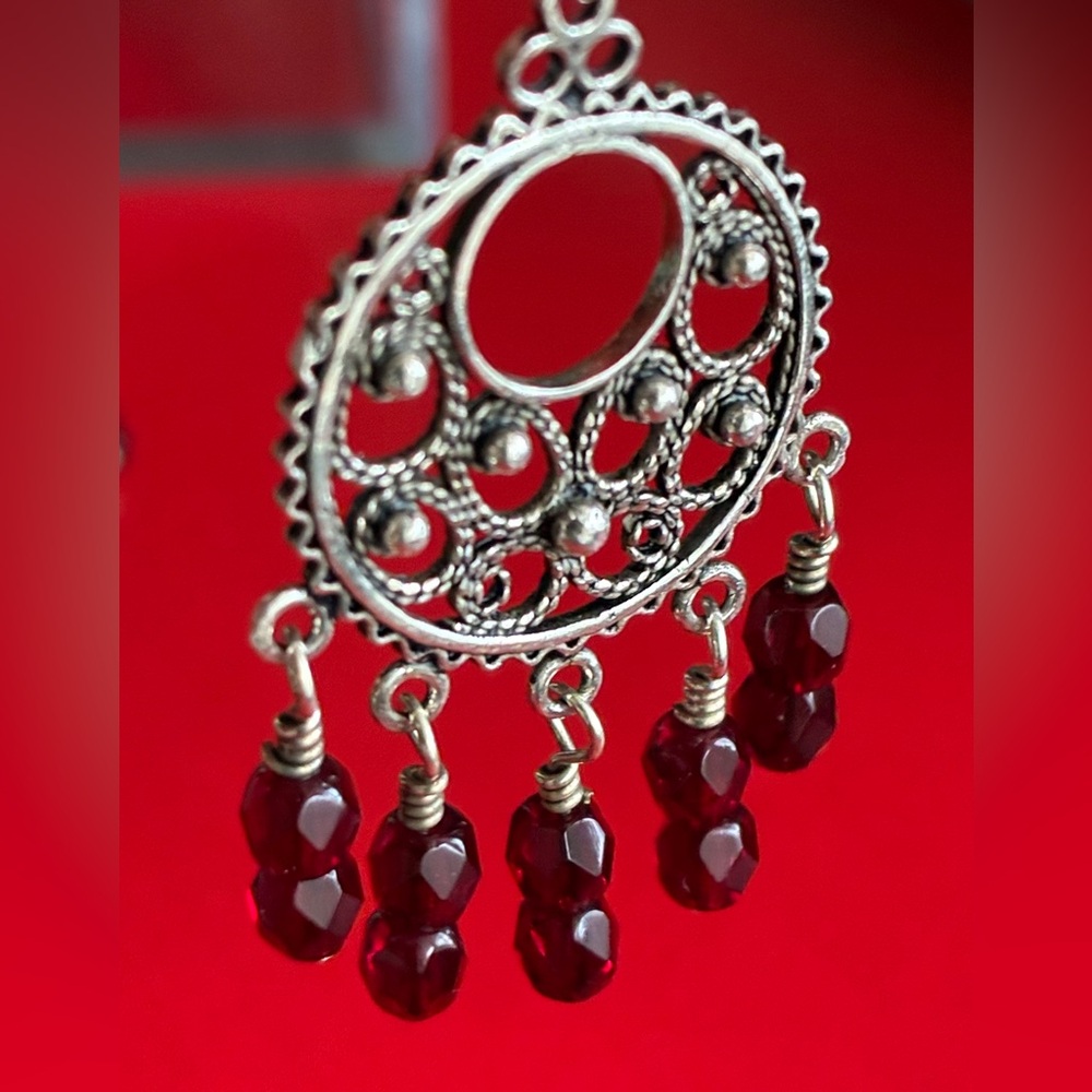 925 Sterling Silver Earrings,Filigree Dangle Earrings with Garnet Red Bead Drops - Picture 6 of 7